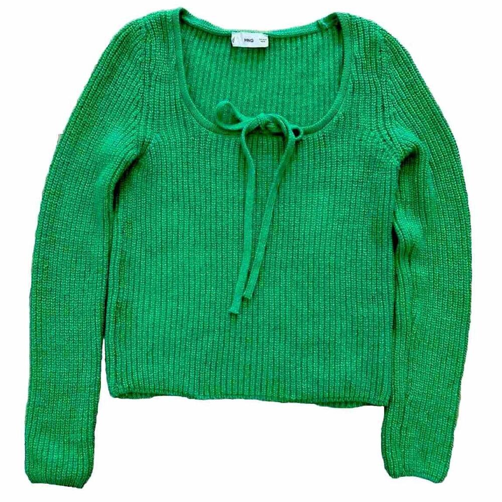 Mango Kelly Green Crop Sweater Square Neck Long Sleeve Sz M